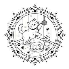 Adorable Cute Cat Badge Vector Playing with Yarn and Sleeping Kitten