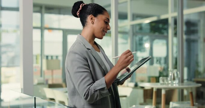 Tablet, business woman and thinking with research, proofreading or news source for publishing in office. Digital checklist, manager and planning for creative project, review and tech in media agency