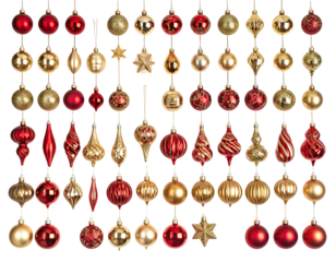 Christmas ornaments in various shapes and colors