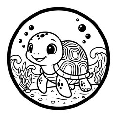 Obraz premium Cute Cartoon Turtle Badge Line Art Icon Swimming Underwater, Black and White Vector Coloring Book Illustration