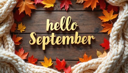 Golden Hello September text on wooden background with autumn leaves and cozy knitted blanket. Seasonal fall greeting welcomes cooler weather and harvest time.