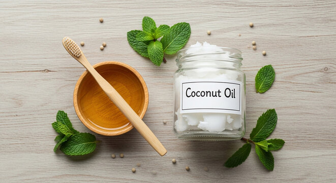 Natural homemade toothpaste with coconut oil and mint leaves in jar with bamboo toothbrush and small bowl on wooden, top view, dental care concept
