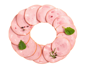 Sliced ham arranged in a circle with herbs and spices