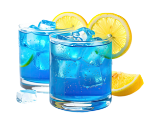 Two glasses of vibrant blue icy drinks with lemon slices
