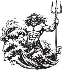 Poseidon illustration — black and white stylized sea god with trident emerging from waves in mythological ocean power scene