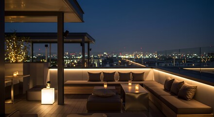 Chic Rooftop Lounge at Twilight with Ambient Lighting and a Sparkling Cityscape.