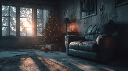 Lonely Christmas celebration in a dimly lit apartment with a small tree and warm glow