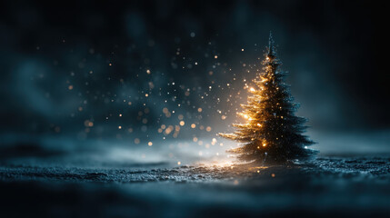 Glowing Christmas tree made of light particles symbolizing the solitude of people during the holiday season
