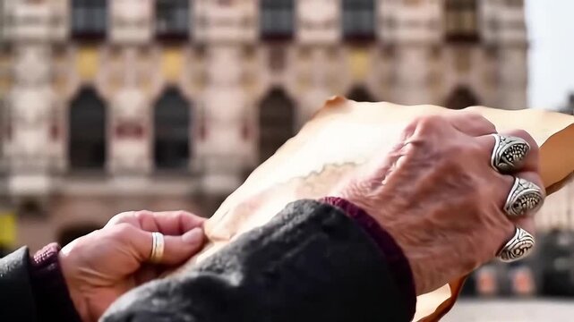 Close up of old hands adorned with unique rings carefully examining an ancient parchment map against a blurred historical city background suggesting adventure a