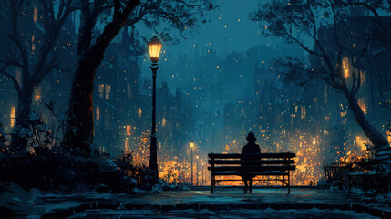 Lonely woman sits on park bench at night during Christmas season in a quiet neighborhood