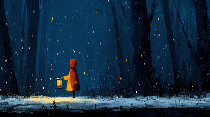 Lonely walk in a snowy forest at night with a lantern