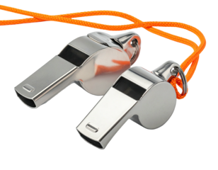 Two metal whistles with orange cords