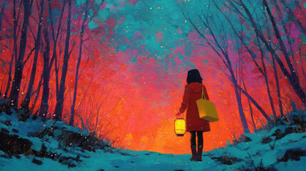 Lonely person walks through a snowy forest at Christmas, holding a lantern under vibrant skies