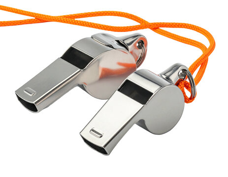 Two metal whistles with orange cords