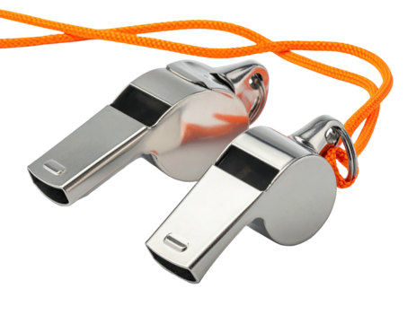 Two metal whistles with orange cords