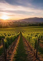 Fototapeta premium Scenic Vineyard Rows at Sunrise Grape Vines, Rolling Hills, Warm Light, Rural Landscape