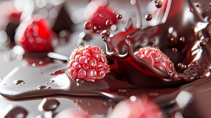 Himbeeren die in fl&uuml;ssige Schokolade fallen.