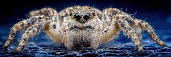 Spider displays its unique features, including detailed eyes and textured body, against a dark, blurred backdrop