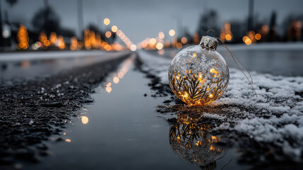 Christmas ornament reflects in the snow on a quiet street, capturing the spirit of solitude and festivity during the holiday season