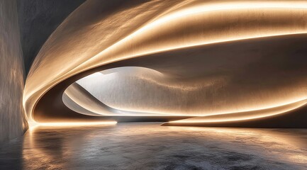 Fototapeta premium Modern architectural interior with flowing curved walls and warm ambient lighting