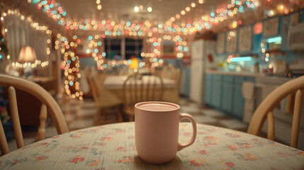 Single cup of hot cocoa on a table surrounded by warm Christmas lights in a cozy kitchen setting
