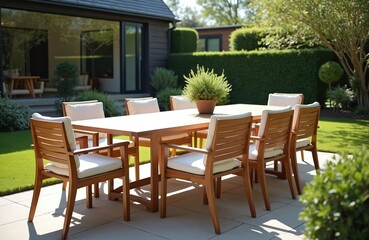 Fototapeta premium Wooden table with chairs in sunny garden. Modern outdoor furniture set perfect for alfresco dining. Lush green lawn surrounds seating area near house.