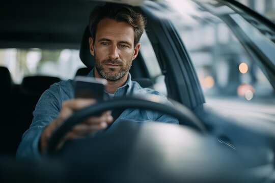 A focused man drives while using a smartphone, illustrating modern challenges of multitasking on the road.