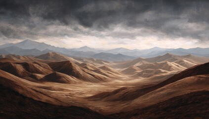 Naklejka premium Vast Mountainous Landscape Under a Cloudy Sky.