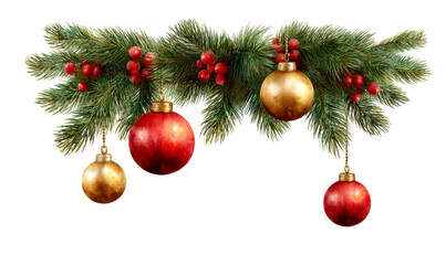 Fototapeta premium Festive Christmas Garland with Red and Gold Decorations Isolate on Transparent Background, cutout, png