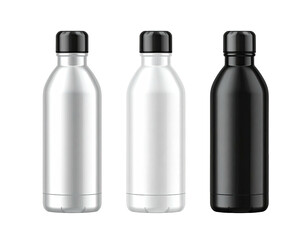 Three metallic water bottles, different colors