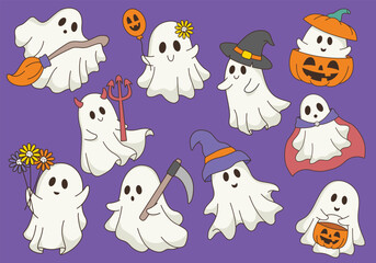Obraz premium Cute Halloween Ghost Sticker Collection