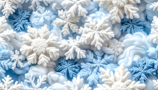 Blue and white knitted snowflakes background