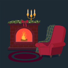 Warm Christmas interior with lit fireplace red armchair plaid blanket and festive decor in flat style Ideal for seasonal ads greeting cards web and packaging