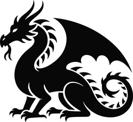 Detailed black dragon illustration with wings and tail on transparent background silhouette