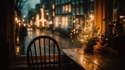 Quiet evening with a small Christmas tree in a cozy apartment overlooks a festive street