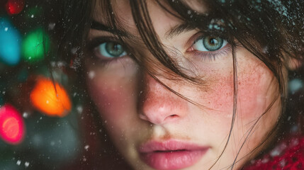 A lonely woman gazes out window at snowfall during lonely Christmas season, embracing the quiet beauty of winter