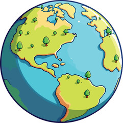 Cartoon Earth illustration — colorful stylized globe with continents and trees for geography, environment, and education themes