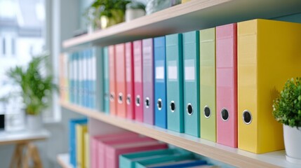 A Colorful Collection of Organizers on a Wooden Shelf i. Organize document, Filing system, Document management, Workplace productivity, Paper archive concept