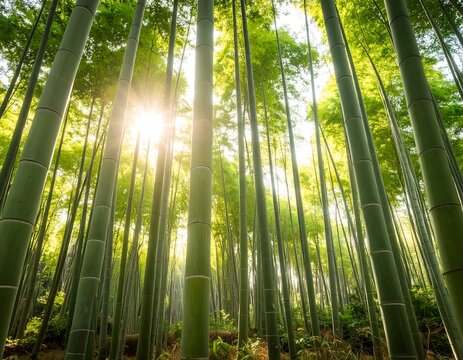 Sunlight streams through a dense bamboo forest