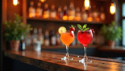 Two colorful cocktails on a wooden bar counter, garnished with fruit and mint. Bottles and plants in background, soft warm lighting creates cozy bar atmosphere for drinks.