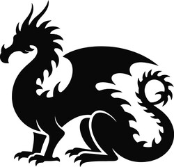 Detailed black dragon illustration with wings claws and tail on transparent background silhouette
