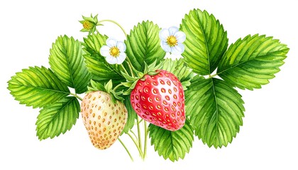 Watercolor illustration of strawberries and leaves