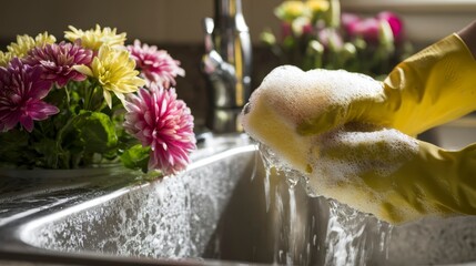 A close-up view of hands in yellow gloves washing dishes in a sink, surrounded by vibrant flowers creating a cheerful and refreshing atmosphere.