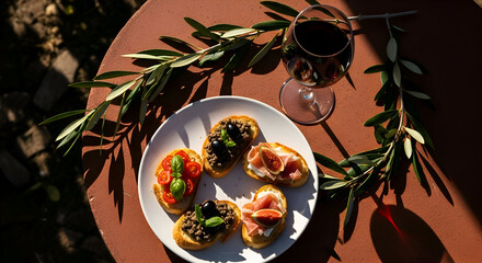 Delectable Appetizers And Vino On A Rustic Table Amidst Olive Branches And Delightful Sunlight