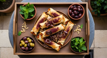 Delectable Appetizers: Artistic Presentation Of Savory Rolls With Fresh Herbs And Olives