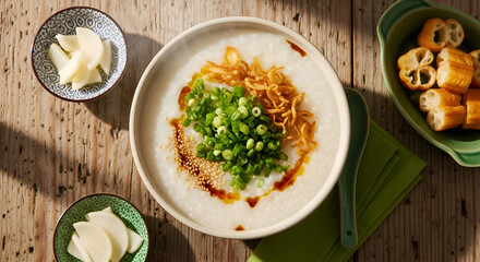 Delectable Asian Congee: A Culinary Delight with Fresh Garnishes and Crispy Accoutrements