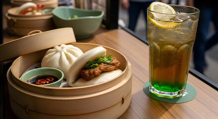 Delectable Asian Cuisine Experience Featuring Steamy Bao Buns and Refreshing Cocktail