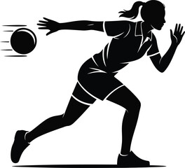 Woman bowling with a ball in motion dynamic design on transparent background silhouette