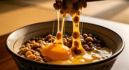 Delectable Asian Cuisine: Natto's Presentation With Egg, A Culinary Delight Photographed