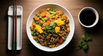 Delectable Asian Cuisine: Fried Rice With Vegetables and Appealing Soy Sauce Presentation